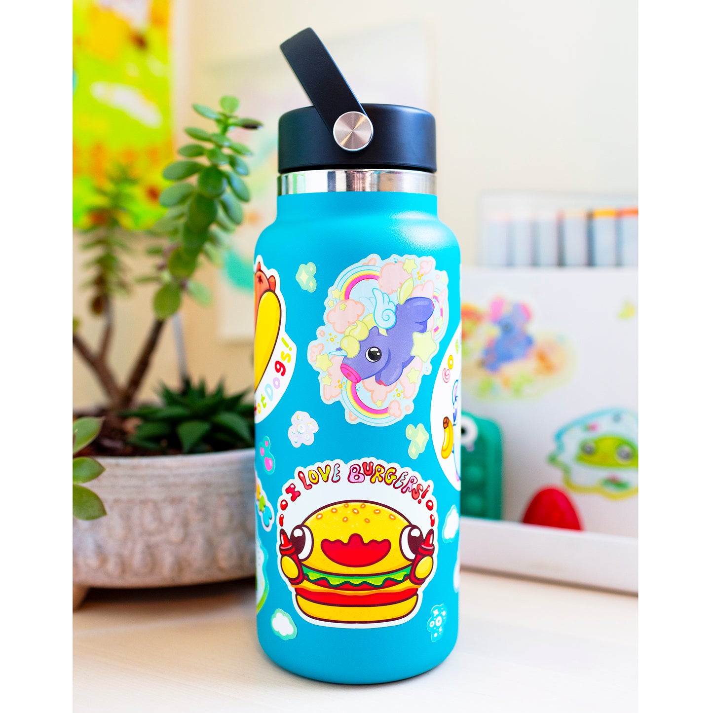 Burger sticker on water bottle