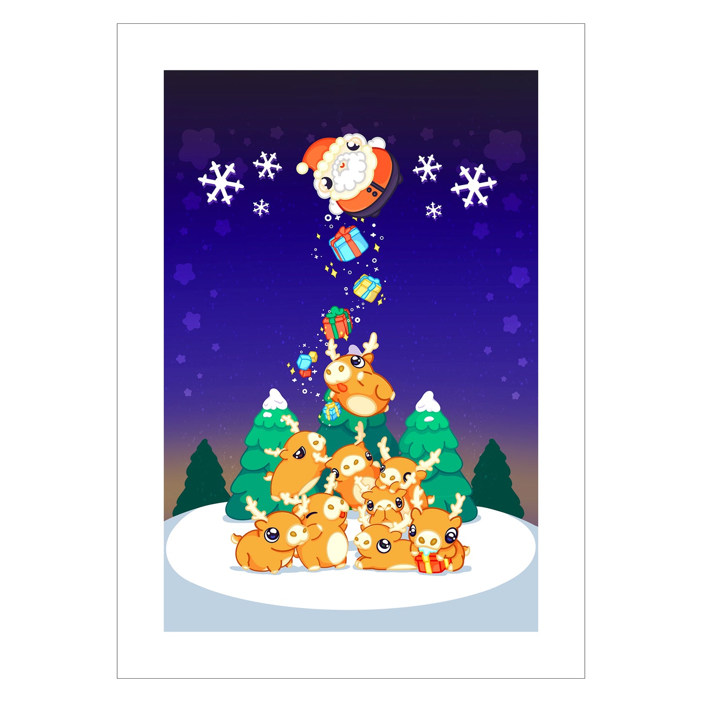 Christmas print with kawaii art of reindeers and anime santa