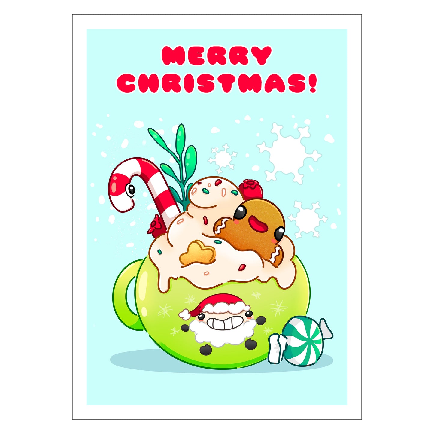 Christmas print with kawaii art of a ginger bread man and a candy cane inside hot chocolate