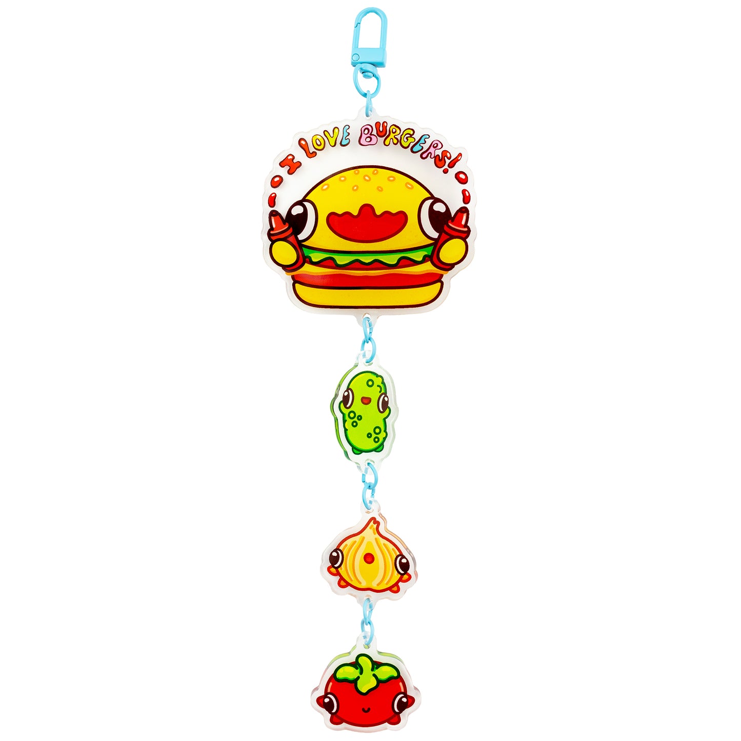 anime burger keychain with pickle and onion and tomato acrylic charms