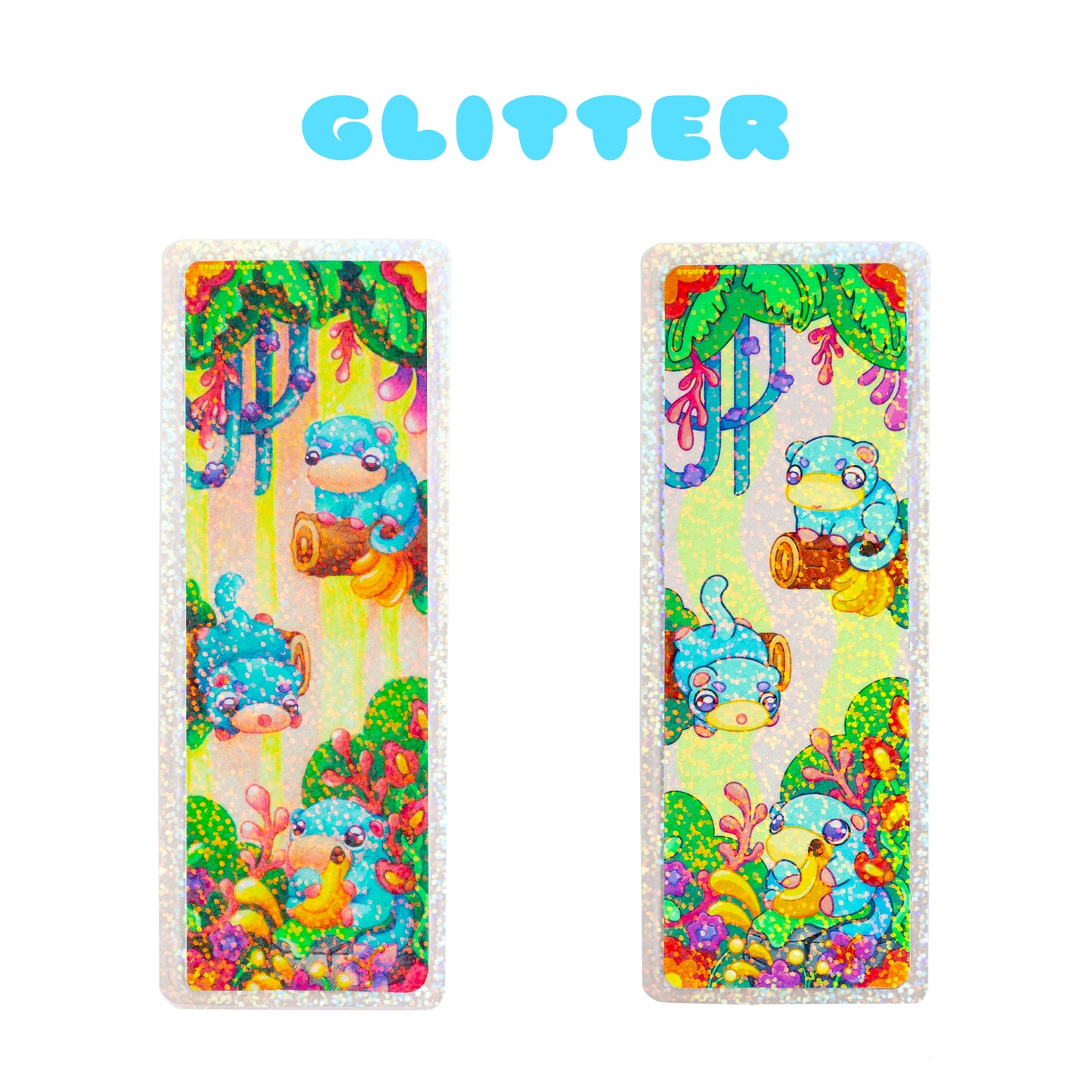 Cute bookmark with kawaii drawing of monkeys and holographic glitter