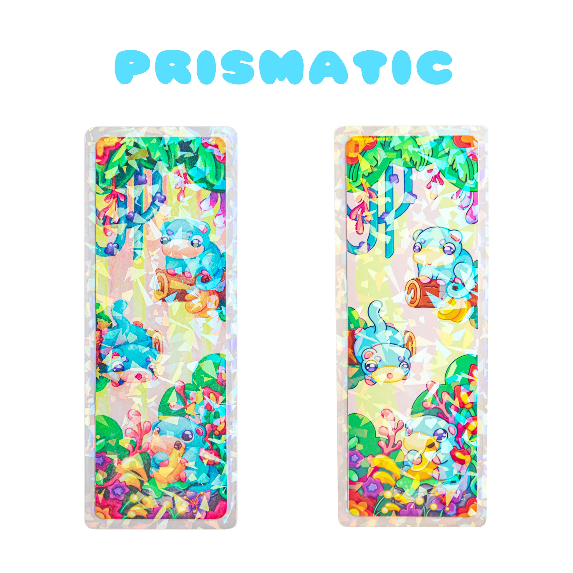 Cute bookmark with kawaii drawing of monkeys and holographic prisms