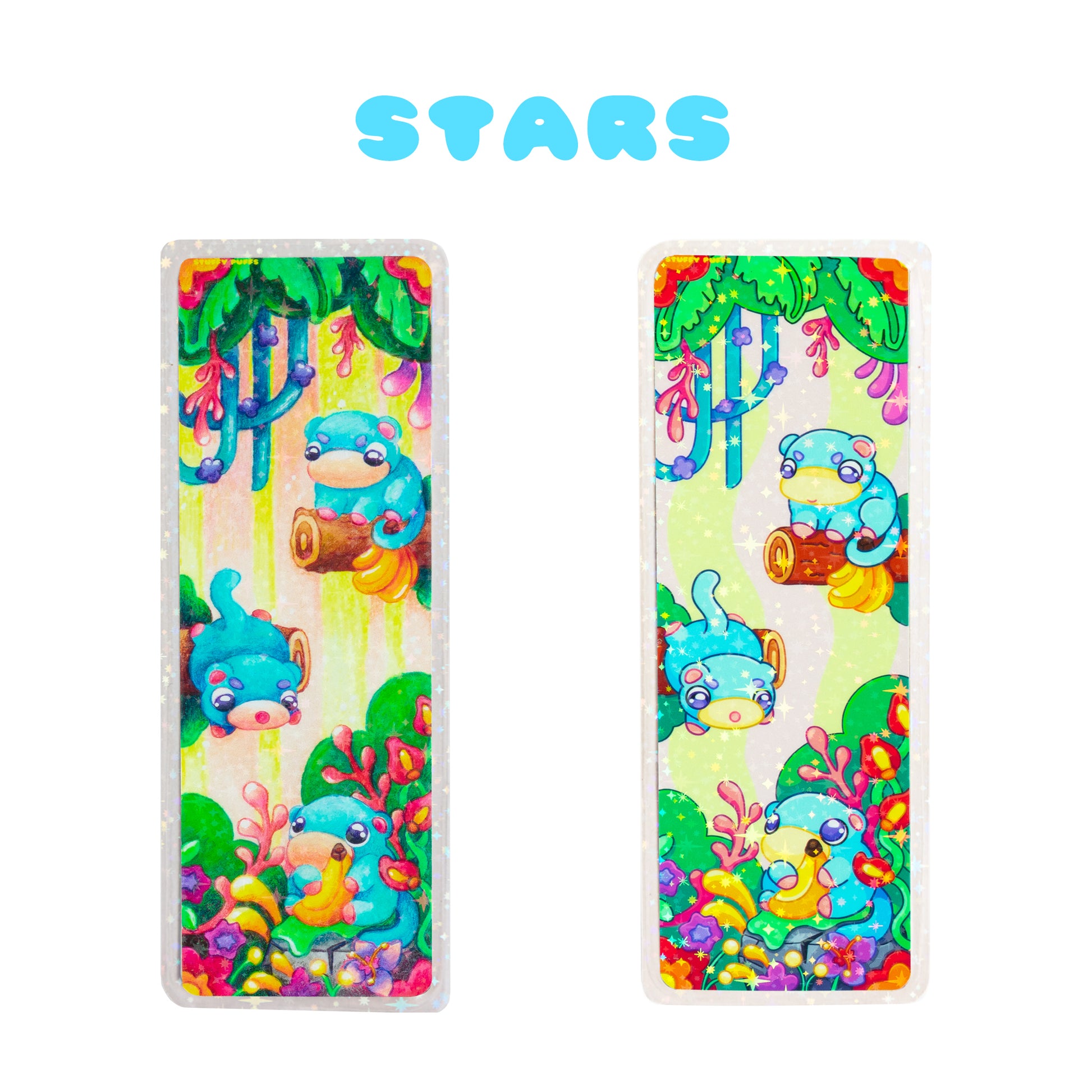 Cute bookmark with kawaii drawing of monkeys and holographic stars