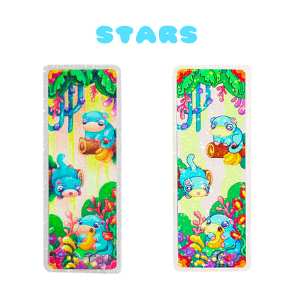 Cute bookmark with kawaii drawing of monkeys and holographic stars