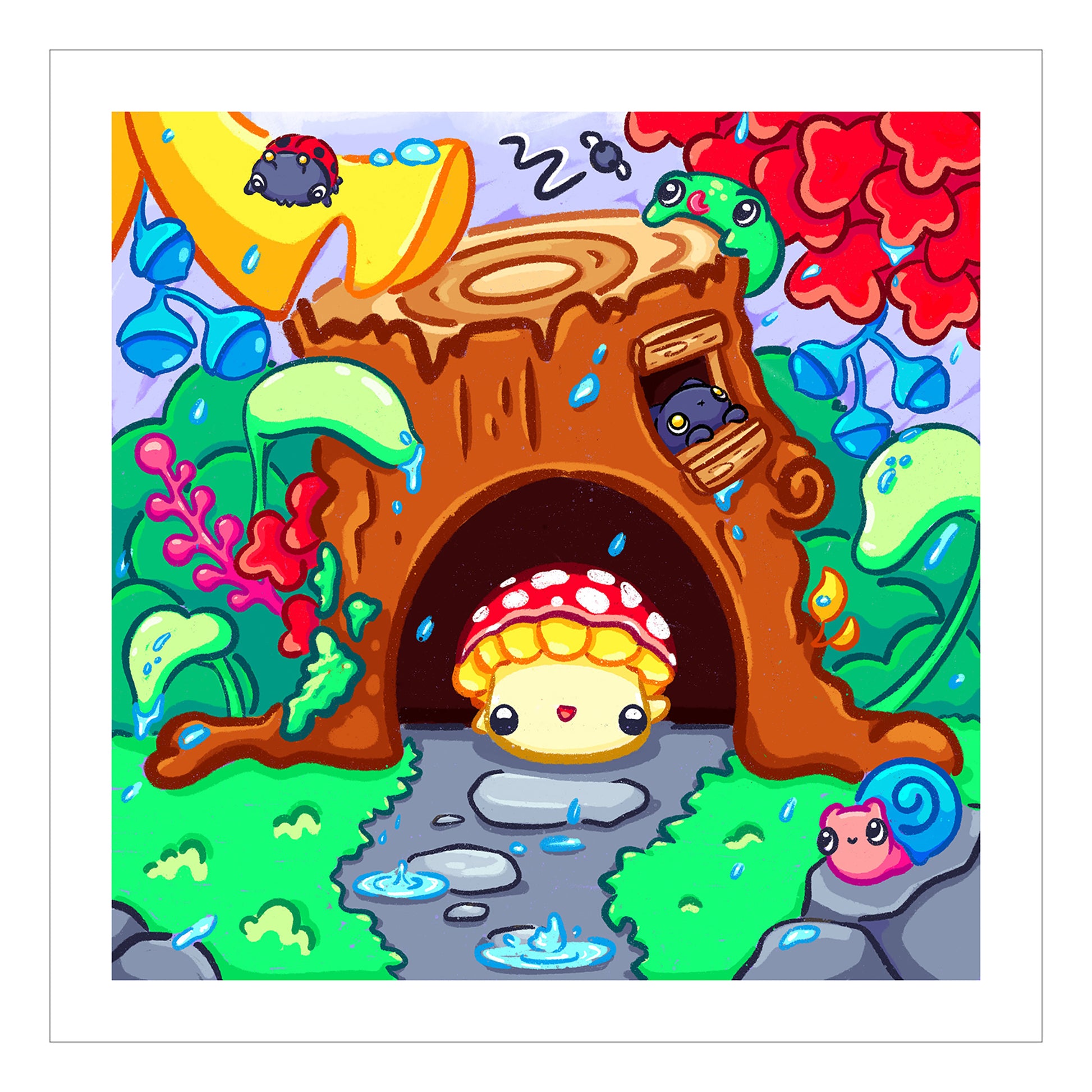 Cute print of anime mushroom and fall woodlands in kawaii art style