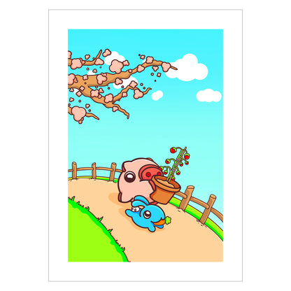 Cute print of anime piggy and rabbit in spring time holding a tomato plant