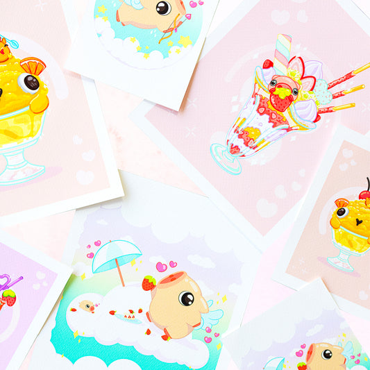 Cute prints for Valentine's Day of Kawaii art displayed in a pile