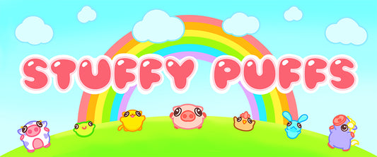 Stuffy Puffs banner with kawaii animal art and logo