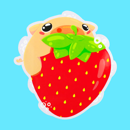 Strawberry sticker on blue background