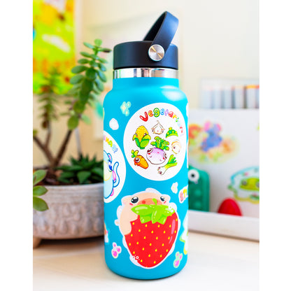 Strawberry sticker on water bottle